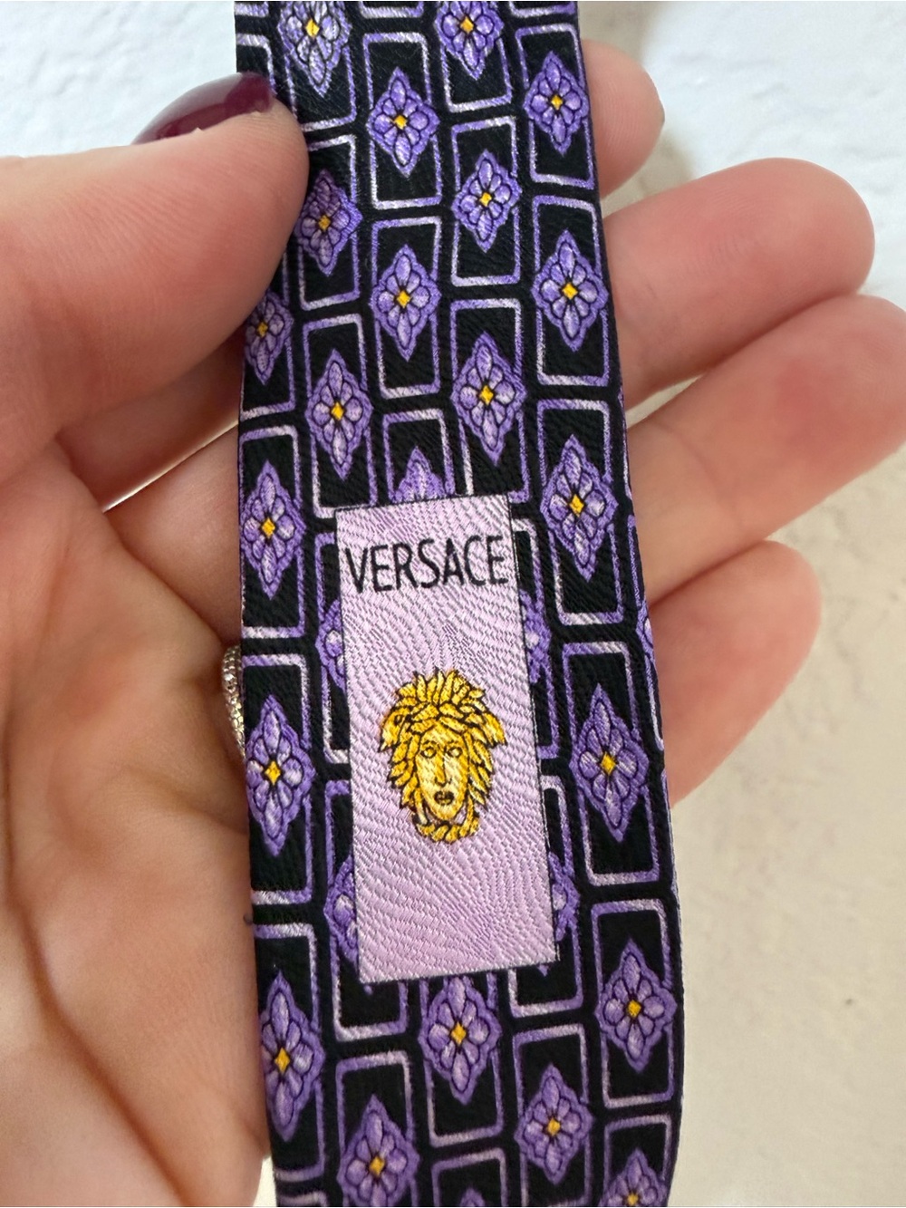 Versace Black and Purple Geometric Silk Tie with Gold Medusa